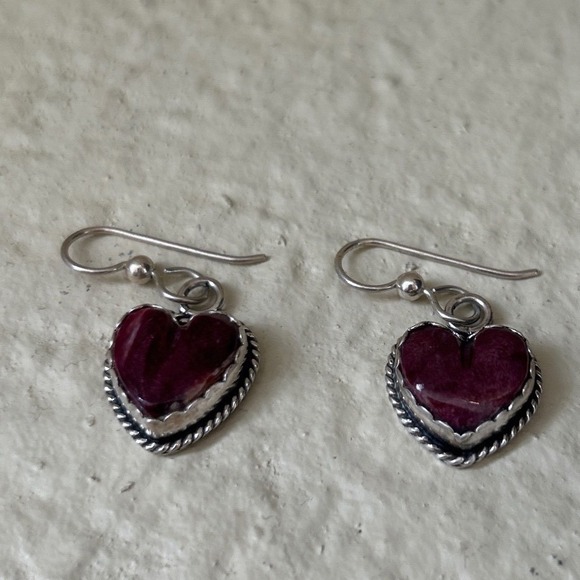 Joan Slifka Designs Jewelry - Joan Slifka Sterling Silver Plum Carved Heart Dangle Earrings Signed Hallmarked